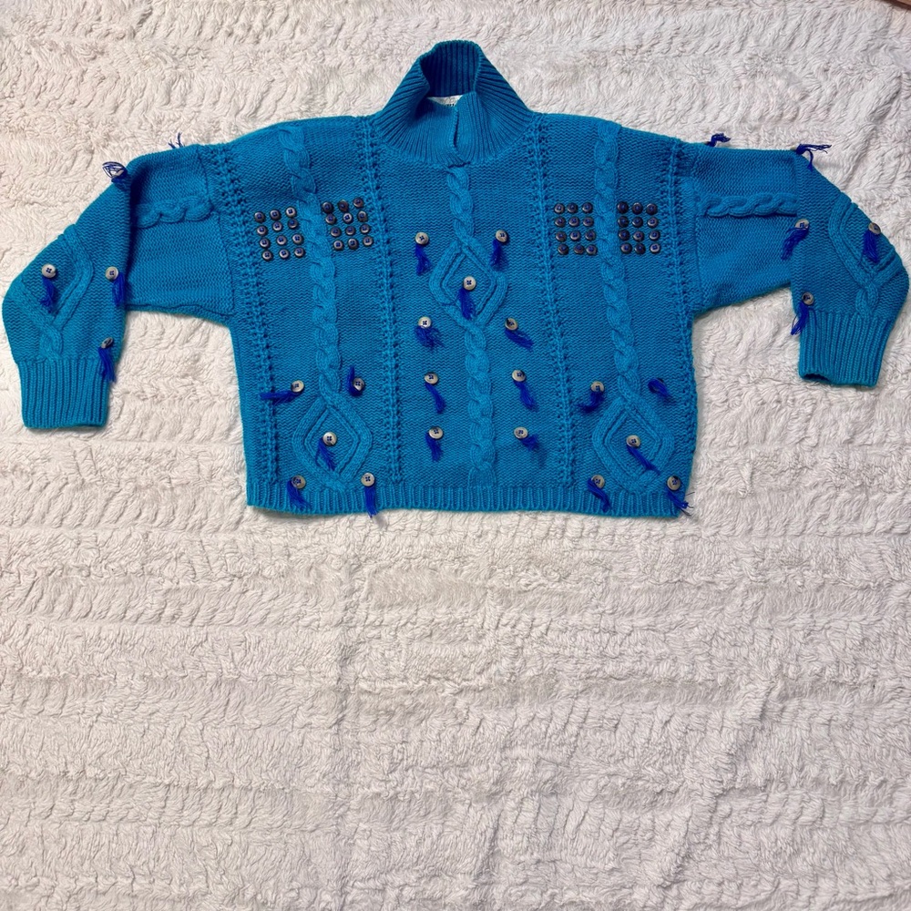 Vintage 90s I Magnolia teal Blue Cable Knit Button Tassel Sweater M Cropped